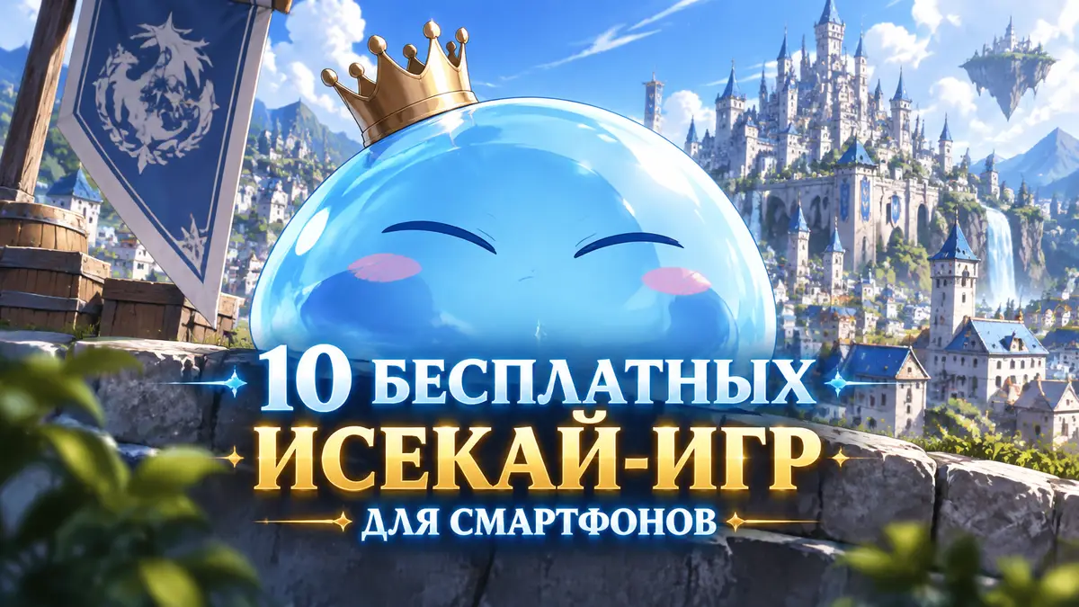 Римуру Темпест в облике слизи на фоне фэнтезийного города, постер подборки бесплатных исекай-игр для смартфонов