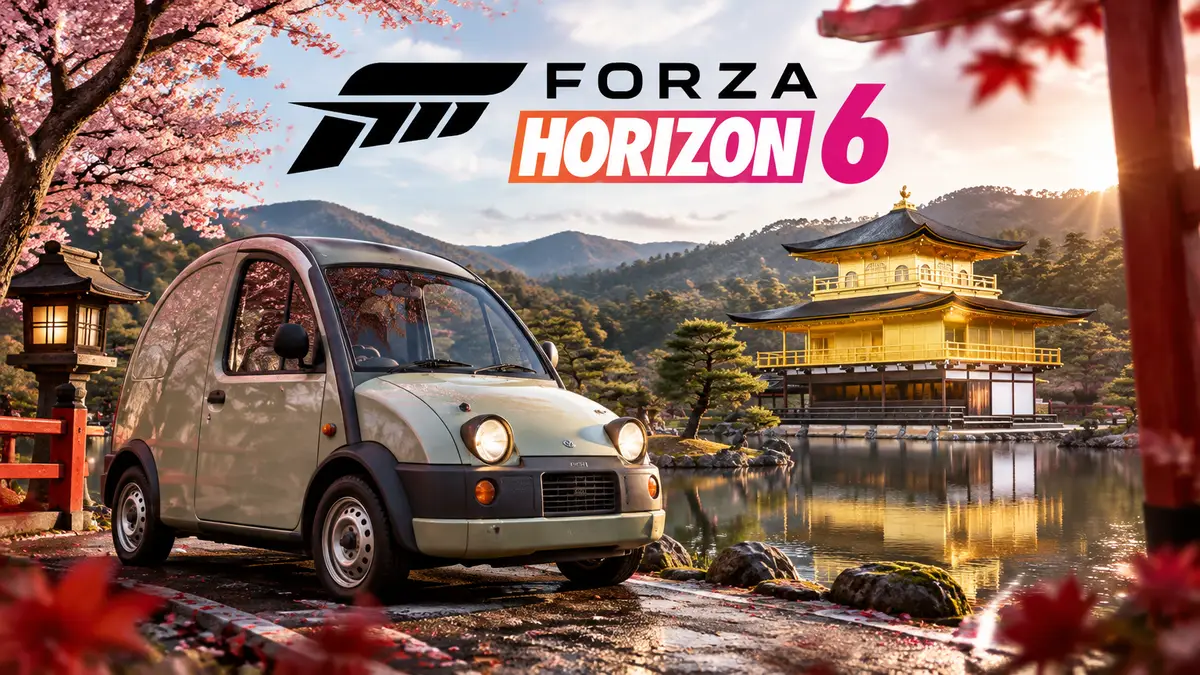 Золотой храм Кинкаку-дзи у тихого озера и Nissan S-Cargo рядом, постер Forza Horizon 6 в японском стиле