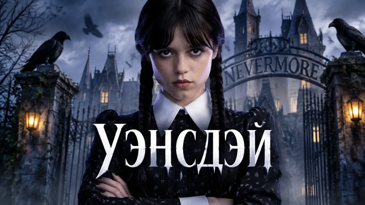 Уэнсдэй Аддамс в чёрном платье с косичками на фоне готической академии Nevermore, постер сериала Netflix