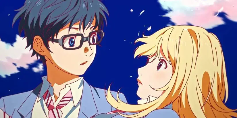 Kousei and Kaori look into each other's eyes in Your Lie in April