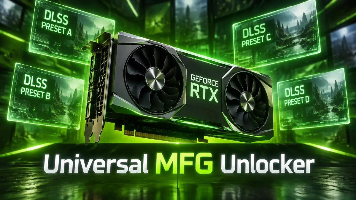 Видеокарта GeForce RTX в центре, вокруг неоновые панели с пресетами DLSS, зелёный стиль NVIDIA