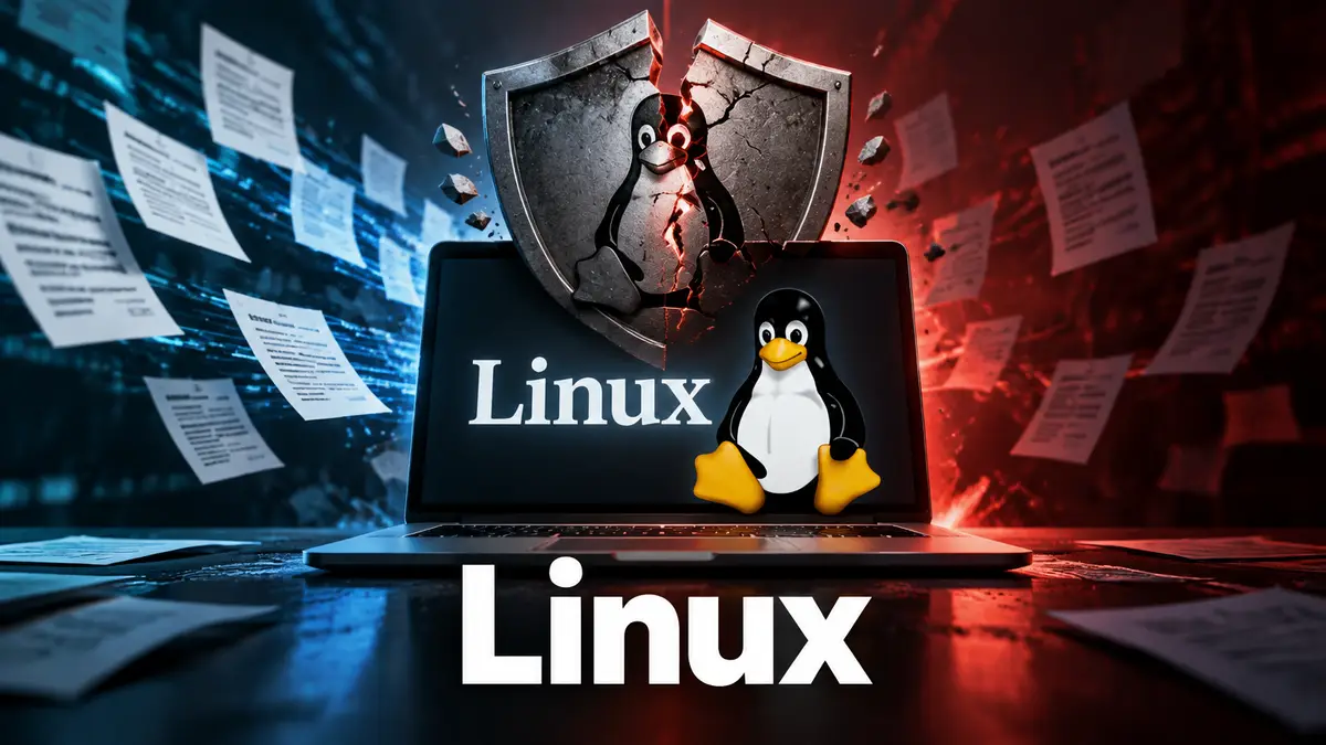 Ноутбук с логотипом Linux и пингвином Tux на экране, над ним треснувший щит безопасности ядра