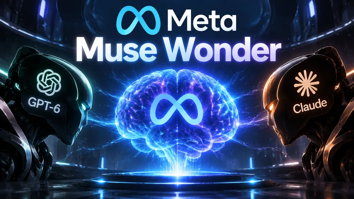 Логотип Meta и светящаяся нейросеть Muse Wonder в центре на тёмном футуристичном фоне, ИИ-модели