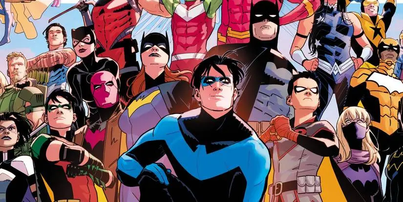 Nightwing #100 cover showing Nightwing kneeling while all of his allies in the Titans and Bat-Family stand behind him