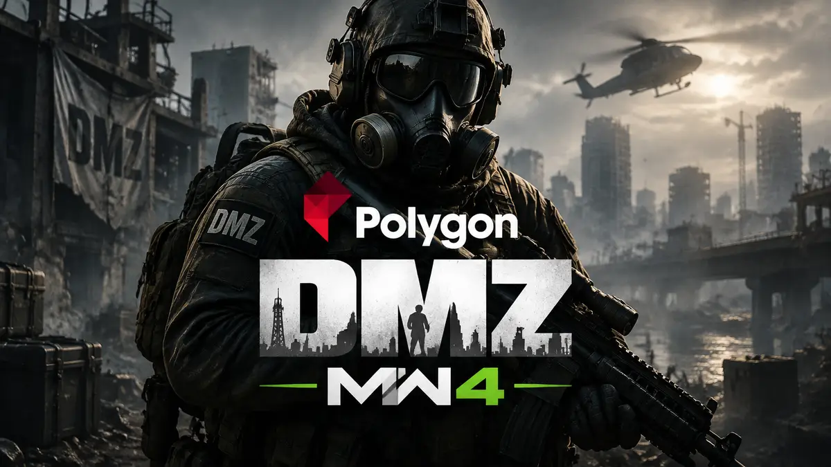 Боец в противогазе и экипировке на фоне мрачного города в стиле Call of Duty DMZ