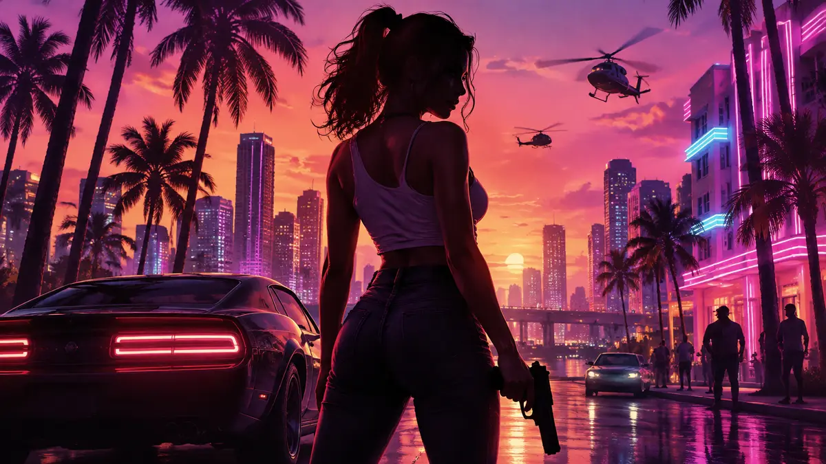 Героиня Lucia Caminos из GTA 6 на улицах неонового города в стилистике постера Rockstar