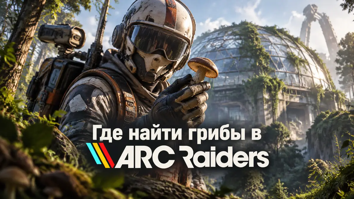 Рейдер в снаряжении ARC Raiders держит гриб на фоне заросшего купола теплицы и густого леса