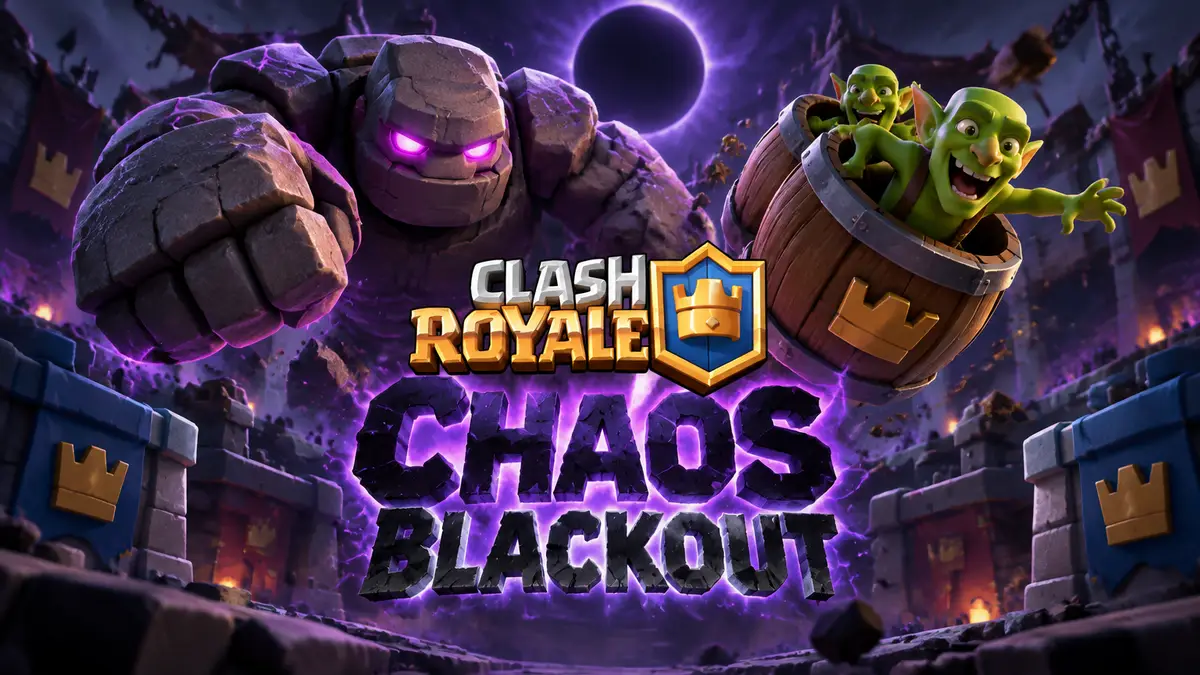 Golem и Goblin Barrel с гоблинами на арене Clash Royale в мрачном свете события CHAOS Blackout