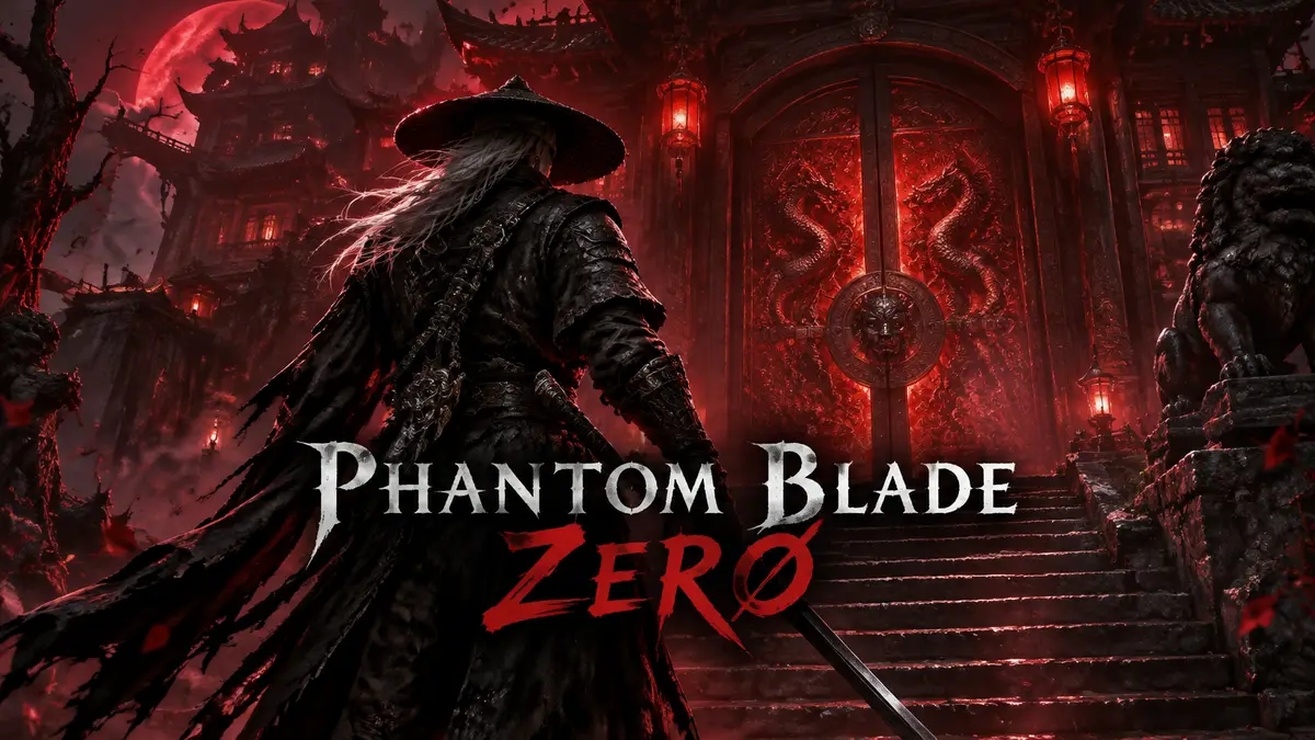 Мечник Phantom Blade Zero у входа в мрачное поместье Crimson Manor в глубинах башни, алые тона