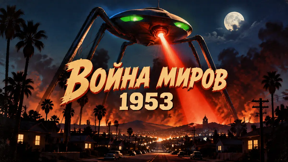 Марсианская боевая машина «Войны миров» 1953 года над ночным калифорнийским городком в стиле ретро-постера
