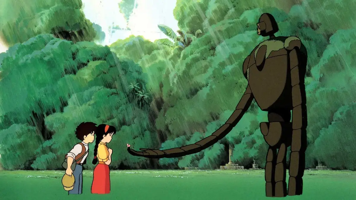 Sheeta and Pazu meet a robot in Castle in the Sky.