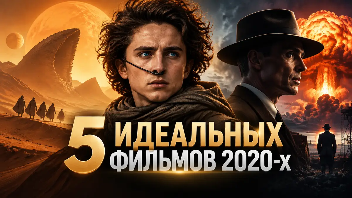 Коллаж-постер лучших фильмов 2020-х: Пол Атрейдес в пустыне из «Дюны» и силуэт Оппенгеймера в шляпе