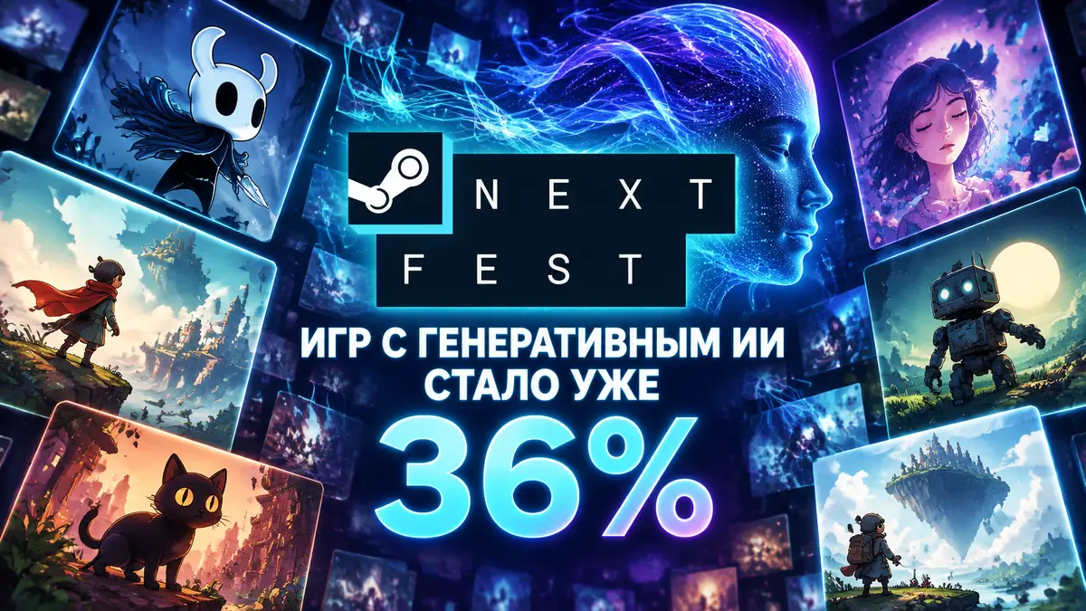 Логотип Steam Next Fest в центре, вокруг светящиеся обложки инди-игр и нейросетевые узоры генеративного ИИ