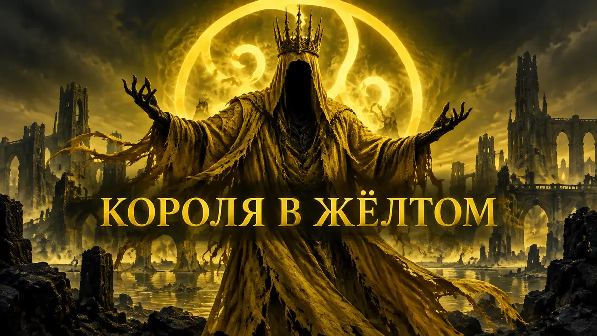 Таинственный Король в жёлтом в рваной мантии над руинами Каркозы и светящийся Жёлтый знак, хоррор