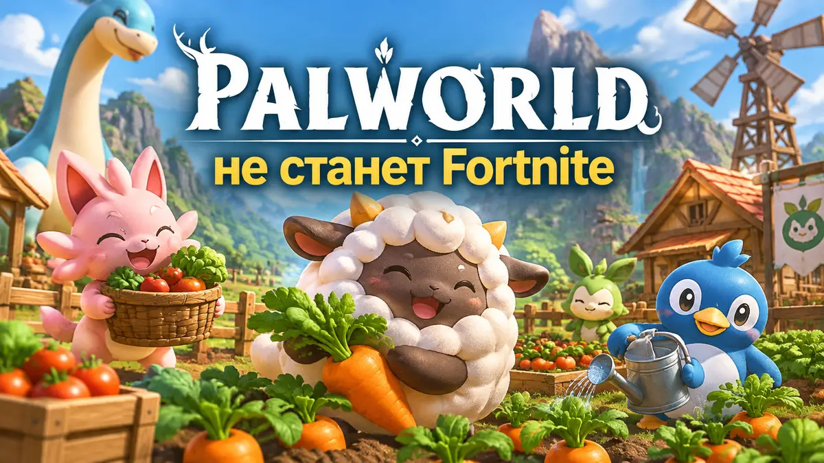 Милые палы из Palworld на ферме Palfarm у грядок, логотип Palworld в ярком мультяшном стиле