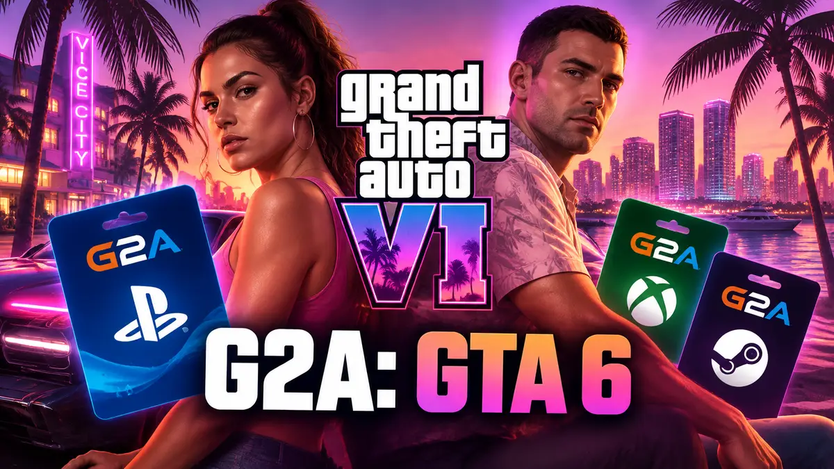Яркий постер GTA 6 в неоновом стиле Вайс-Сити с логотипом и цифровыми подарочными картами G2A