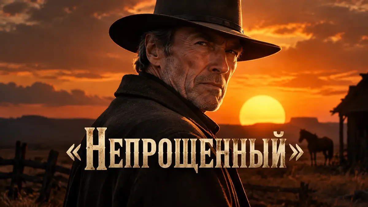 Клинт Иствуд в роли постаревшего стрелка из фильма Непрощенный на фоне заката