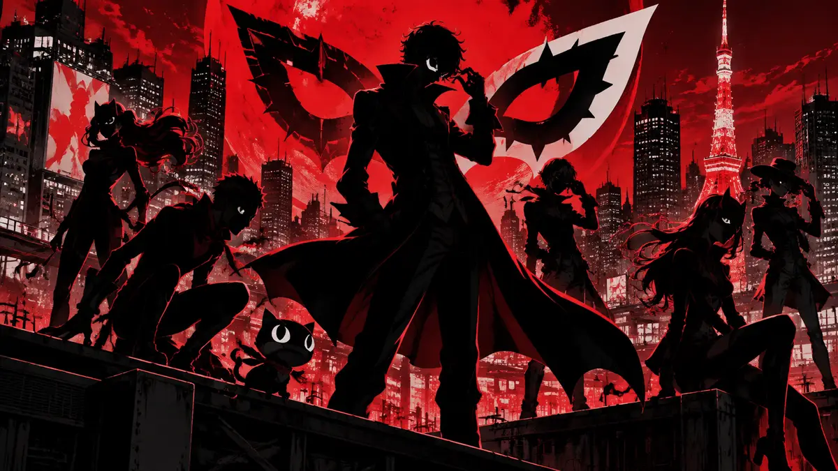 Герои Persona 5 в стильной красно-чёрной эстетике серии на фоне ночного Токио с логотипом Persona