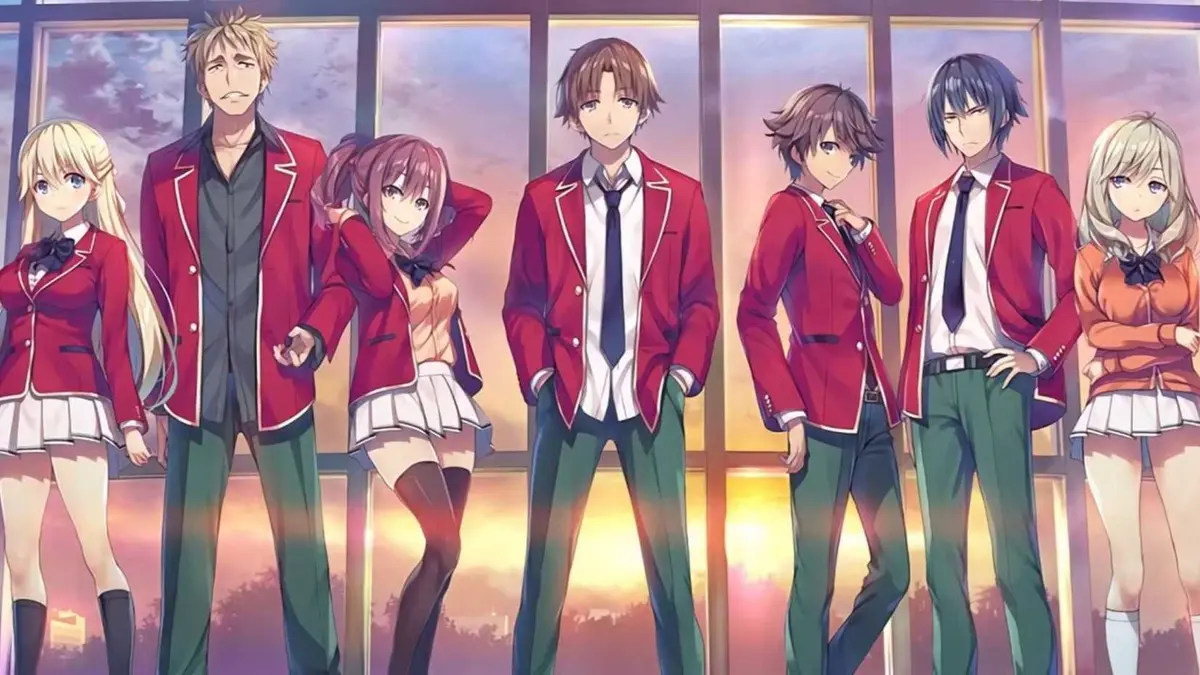 The Classroom of the Elite main cast stand in a line in front of the sunset.
