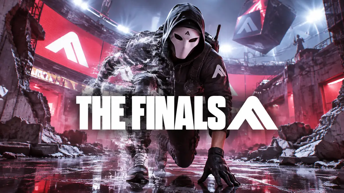Лёгкий боец-диверсант The Finals в маске выходит из маскировки на разрушенной арене шоу Prime Time