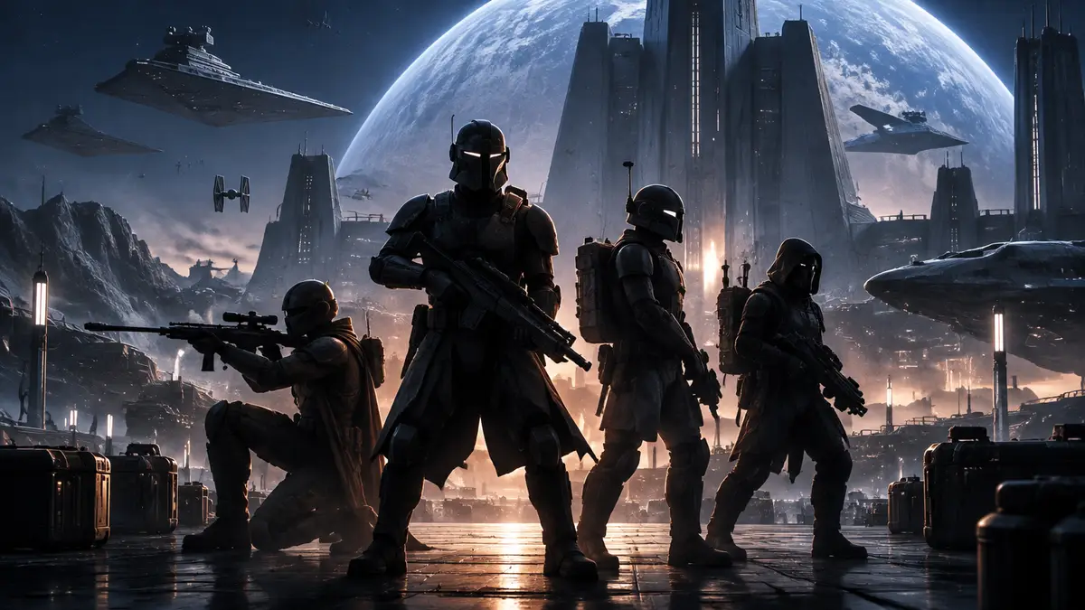 Четыре оперативника отряда Star Wars Zero Company в броне на фоне звёздной базы в стиле Star Wars