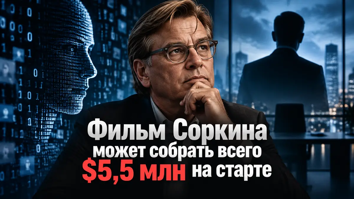 Аарон Соркин на фоне цифрового кода и силуэта руководителя технологической компании