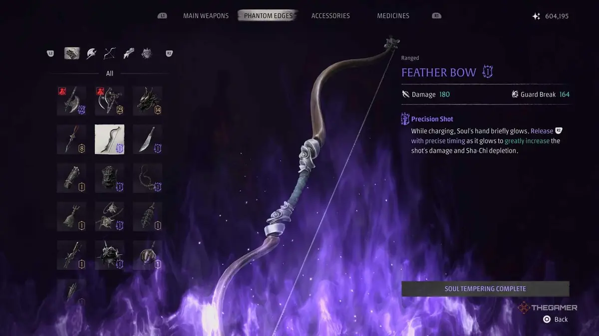 Phantom Blade Zero feather bow upgrade screen.