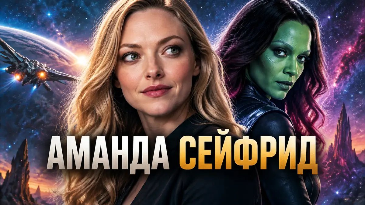Аманда Сейфрид на фоне зеленокожей Гаморы и космоса в стиле постера «Стражей Галактики» Marvel