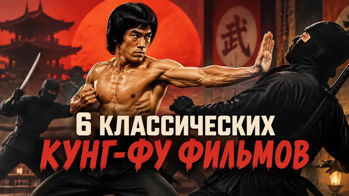 Постер классического кунг-фу кино: мастер в позе удара против ниндзя, стиль Shaw Brothers 70-х