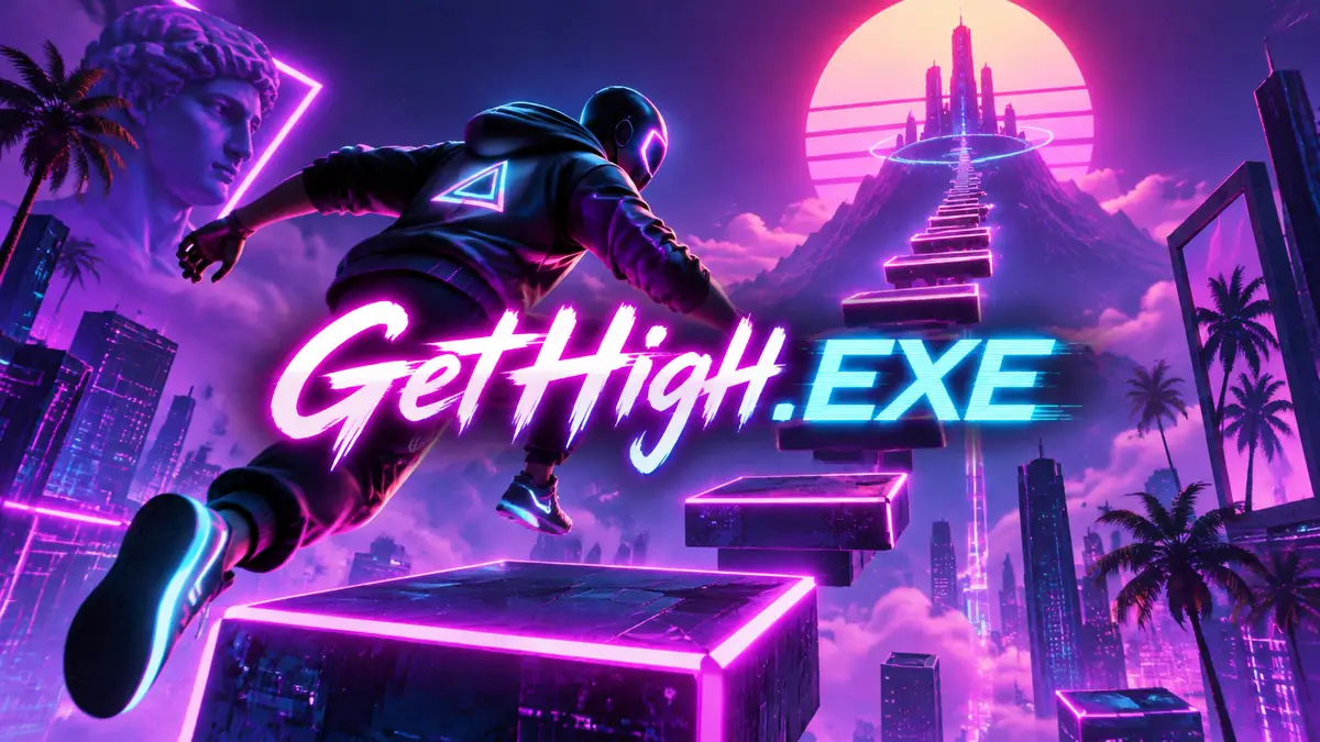 Неоновые светящиеся платформы GetHigh.EXE уходят вверх к вершине в синтвейв-мире с логотипом игры