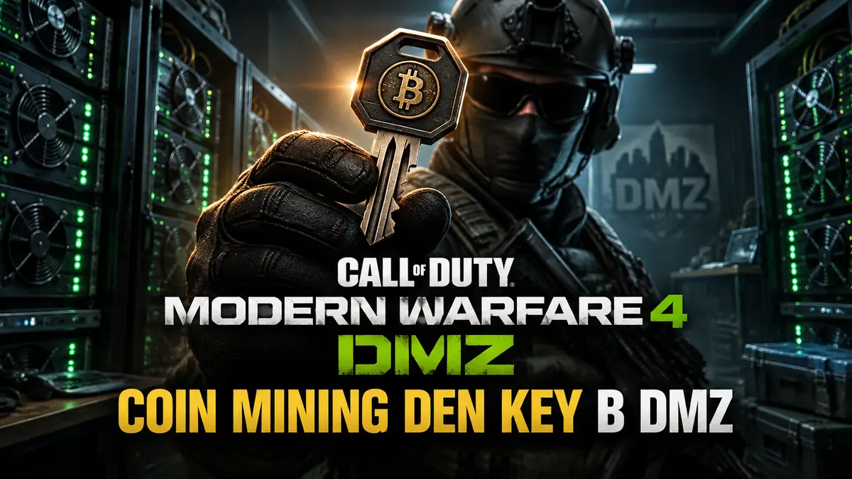 Ключ coin mining den key на фоне майнинг-фермы с серверами, стиль Call of Duty Modern Warfare 4 DMZ