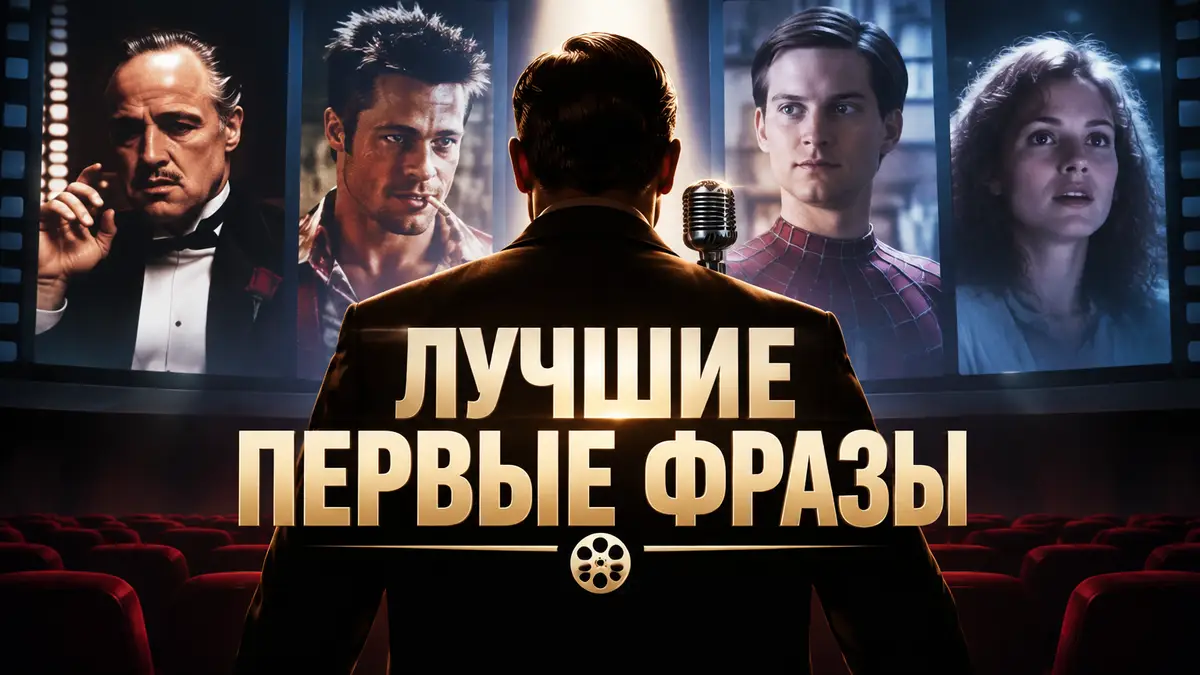 Кинематографичный постер о лучших первых фразах фильмов: силуэт героя у микрофона на фоне киноэкрана