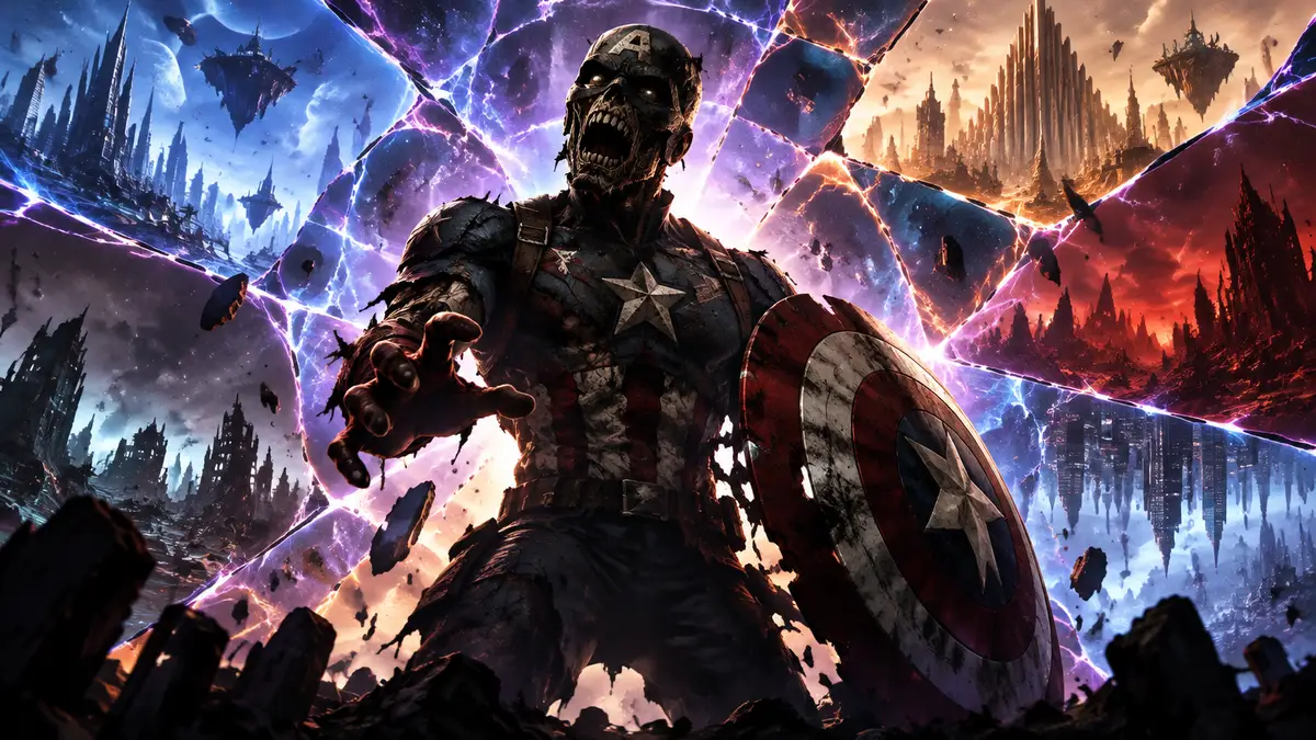 Зомби Капитан Америка из «Зомби Marvel» на фоне расколотых вселенных мультивселенной Marvel