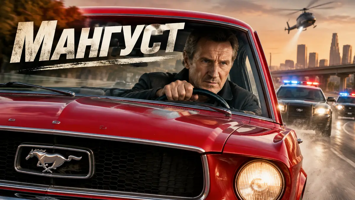 Лиам Нисон за рулём красного Mustang уходит от полицейской погони на шоссе, постер фильма «Мангуст»