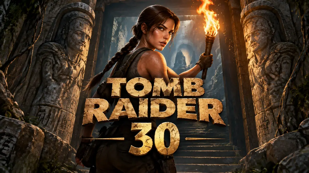 Лара Крофт с факелом у входа в древнюю гробницу, логотип Tomb Raider и цифра 30 к юбилею серии