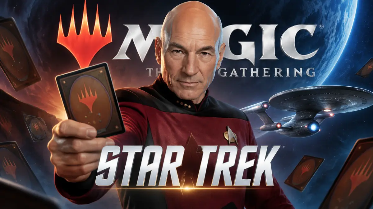 Брэд Боймлер из Star Trek на фоне логотипа карточной игры Magic: The Gathering