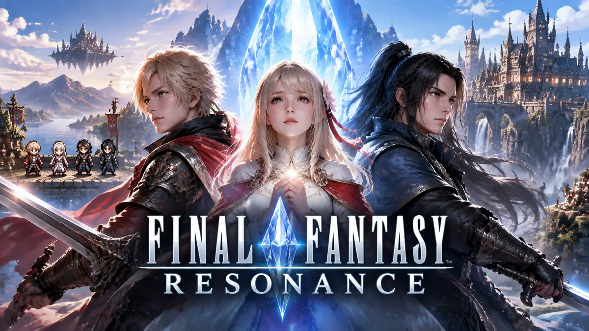 Рыцари Rain и Lasswell с девушкой Fina у сияющего кристалла, постер Final Fantasy Resonance в стиле HD-2D