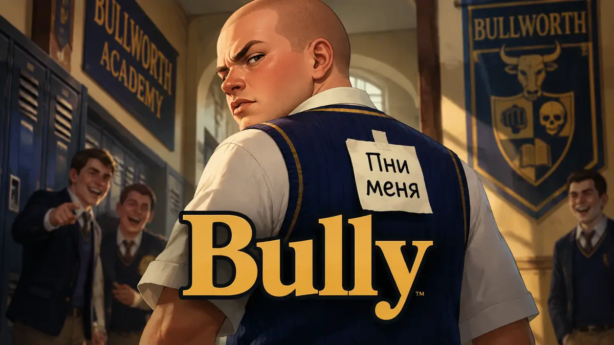 Школьник из Bully в коридоре академии Буллворт со стикером «Пни меня» на спине, постер в стиле Rockstar