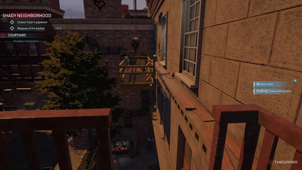 Kovalsky is heading towards to a lift that is outside of a building in Crime Scene Cleaner