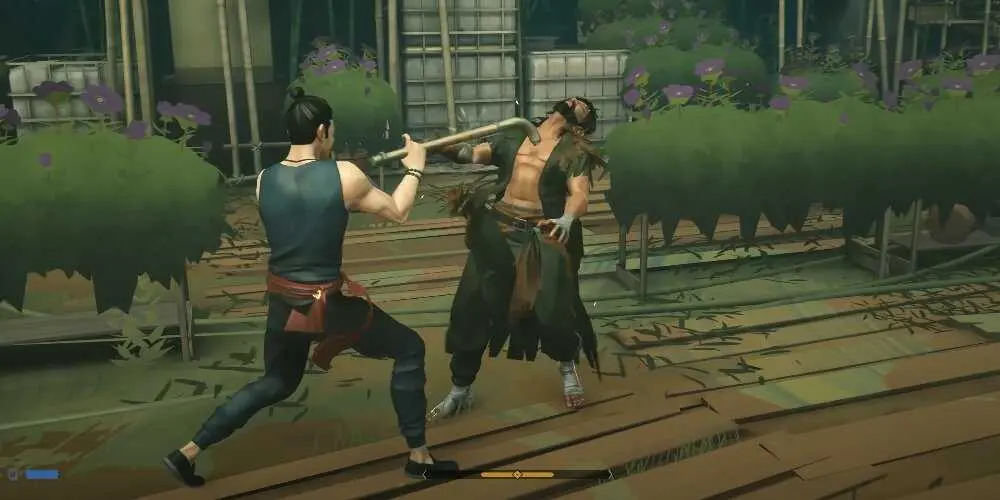 Character swinging a pipe at an enemy in Sifu