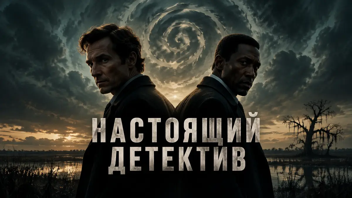 Постер сериала «Настоящий детектив»: силуэты двух детективов на фоне спирального символа и тёмного неба
