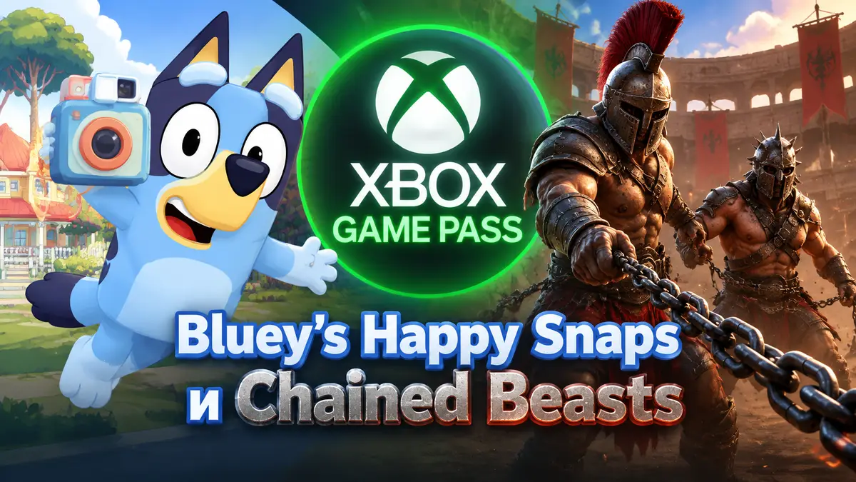 Щенок Блуи с фотоаппаратом и скованные цепью гладиаторы Chained Beasts на фоне логотипа Xbox Game Pass