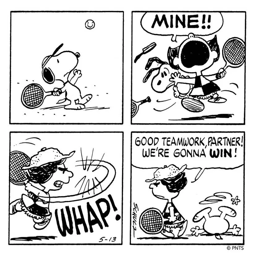 Molly Volley whacks Snoopy with a tennis racket