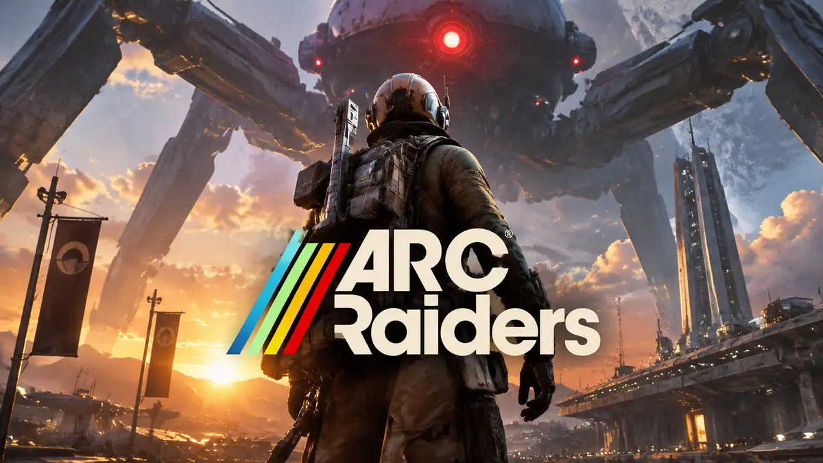 Рейдер из ARC Raiders в броне стоит у космопорта, над ним нависает огромная машина ARC, логотип игры
