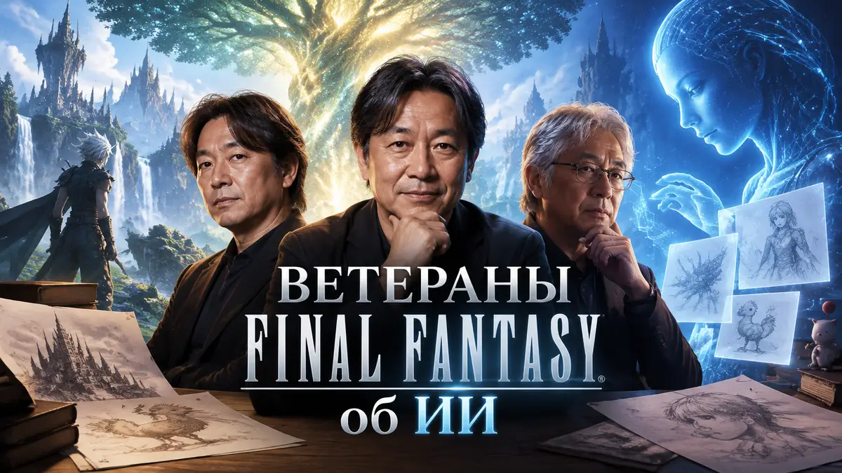 Три японских геймдизайнера Square Enix у светящегося древа Mana, рядом голограмма ИИ и наброски игр