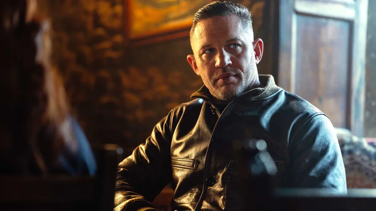 Tom Hardy's Harry looking angrily at something in MobLand season 1