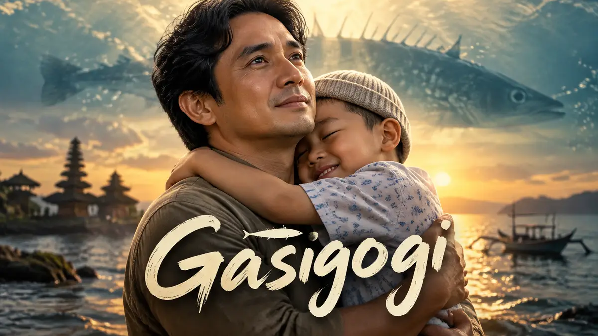 Постер драмы «Gasigogi»: отец обнимает маленького сына, на фоне воды силуэт рыбы-колюшки, тёплый свет