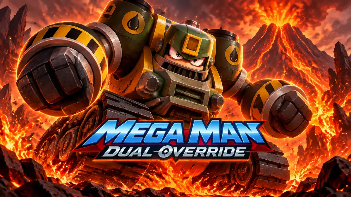 Робот-босс Tank Man из Mega Man: Dual Override в ярости на фоне вулкана и лавы, логотип игры