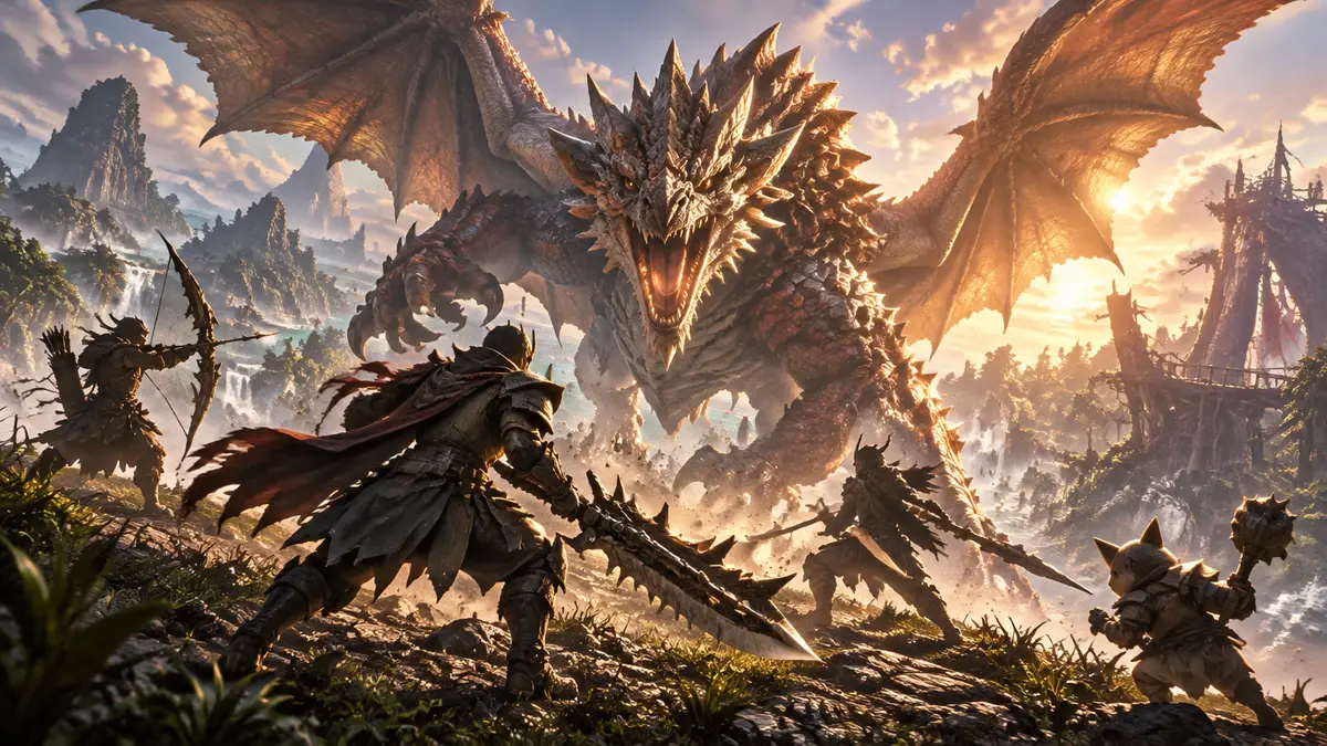 Охотники сражаются с огромным драконоподобным монстром на постере Monster Hunter Outlanders