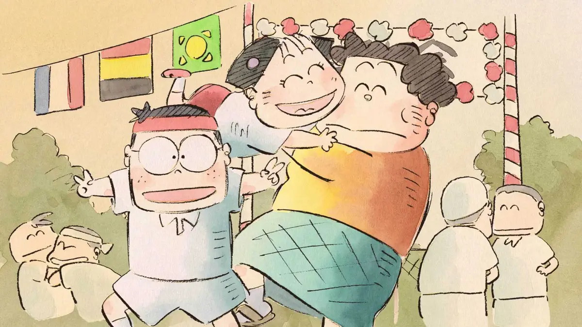 Matsuko celebrates with Noboru and Nonoko on sports day in My Neighbors the Yamadas.